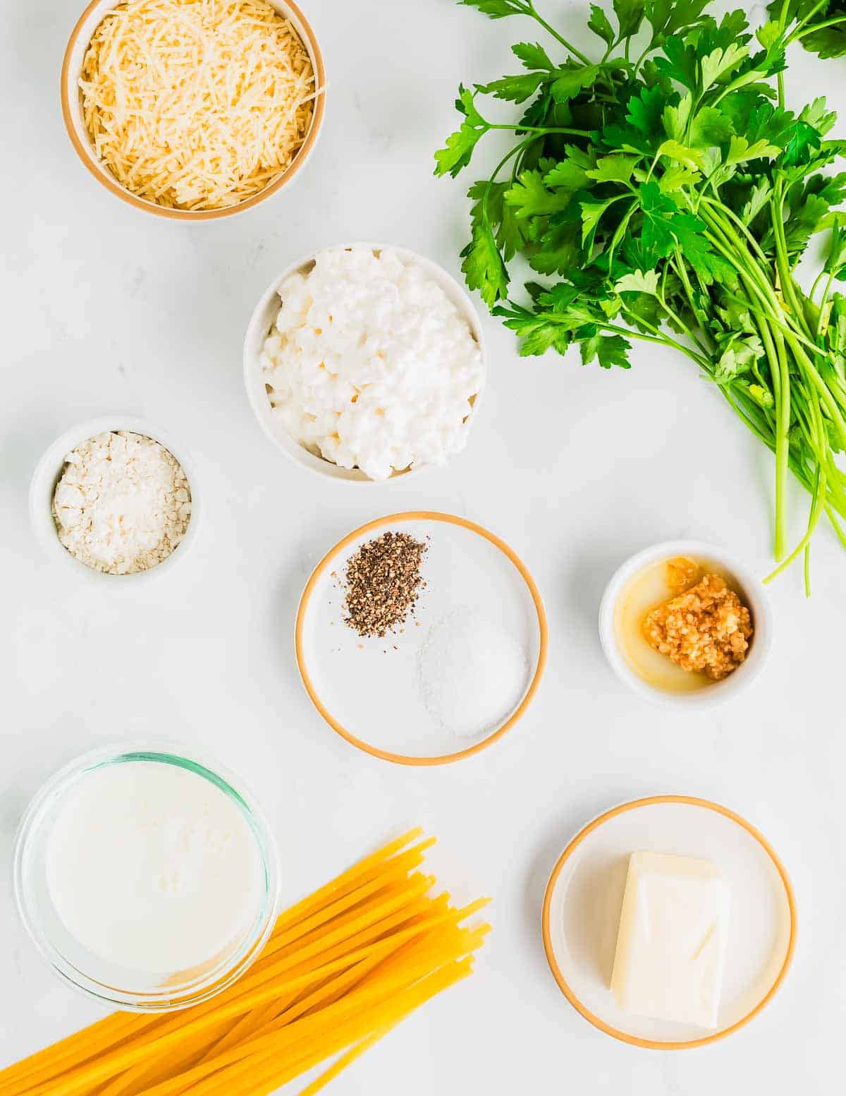 Ingredients on a white surface include grated cheese, cottage cheese, fresh parsley, minced garlic, milk, uncooked fettuccine, butter, salt, and pepper.