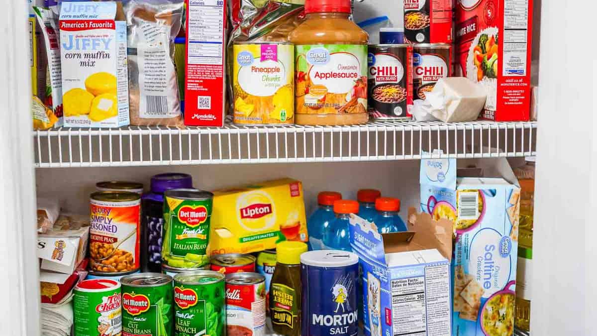 Messy pantry shelves.
