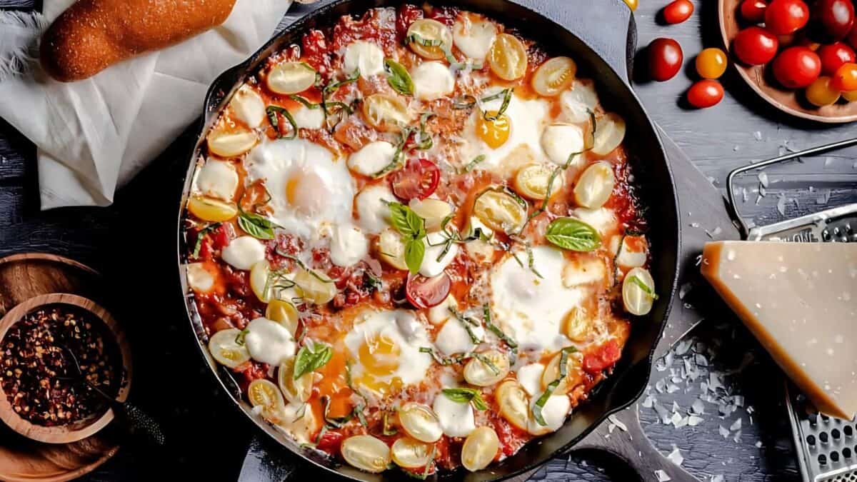 A skillet filled with shakshuka: poached eggs in a tomato sauce with cherry tomatoes, herbs, and melted mozzarella. Surrounding the skillet are a loaf of bread, a bowl of red pepper flakes, fresh basil, and cherry tomatoes.