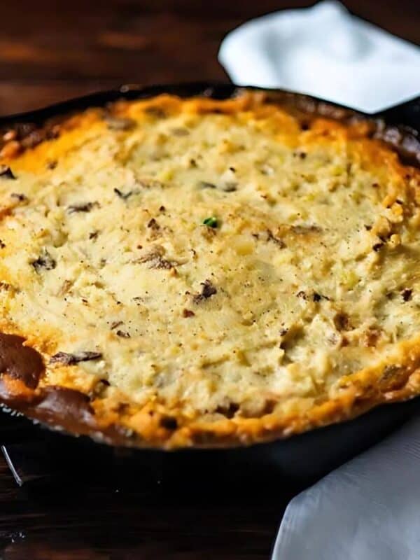 A cast iron skillet containing a shepherd's pie. The pie has a golden-brown mashed potato topping. The skillet is on a dark wooden surface, partially covered by a white cloth. A wooden spoon is next to the skillet. The overall presentation is rustic and appetizing, suggesting a comforting and flavorful dish.