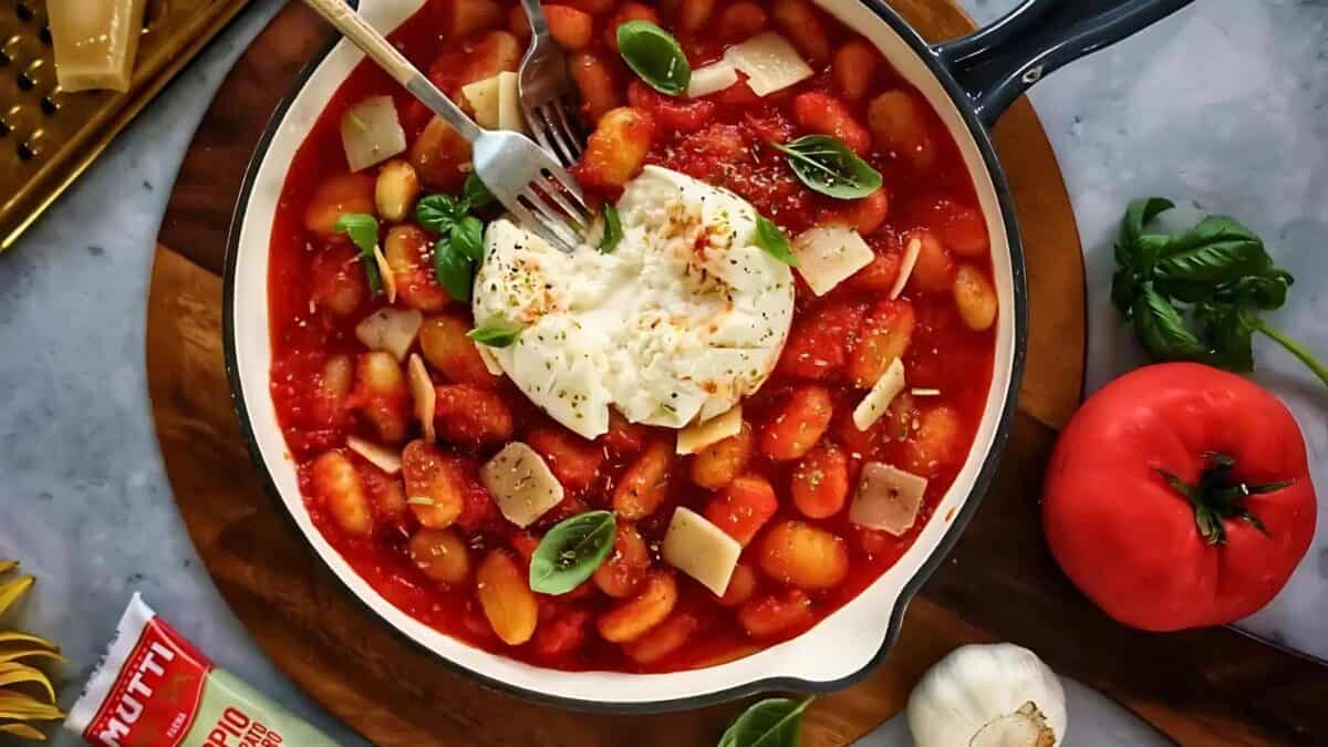A skillet filled with gnocchi in tomato sauce, topped with fresh basil leaves, parmesan slices, and a ball of burrata cheese being cut with a fork. Surrounding the skillet are garlic, a tomato, and a tube of tomato paste.