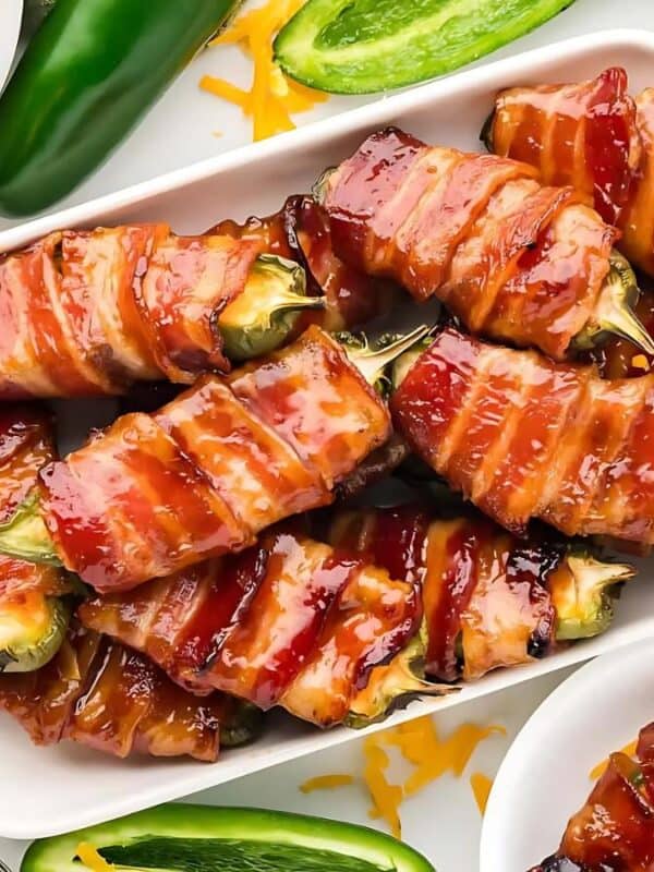 A platter of bacon-wrapped jalapeño poppers, garnished with melted cheese, surrounded by sliced jalapeños, shredded cheddar cheese, and dipping sauce on a white surface.