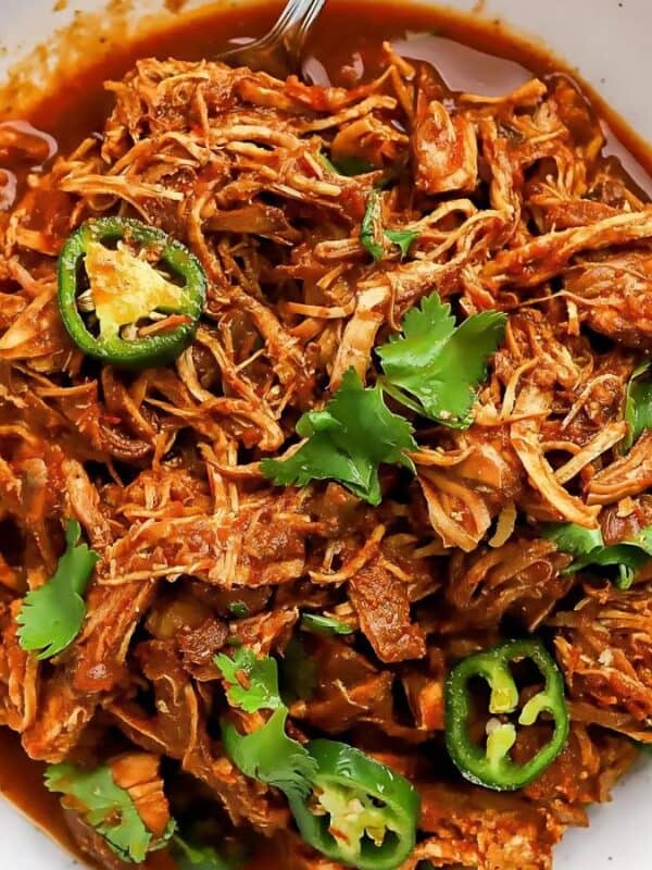 A bowl of shredded chicken in a rich red sauce, garnished with sliced jalapeños and fresh cilantro. A fork is partially visible in the bowl, and everything sits on a white background.