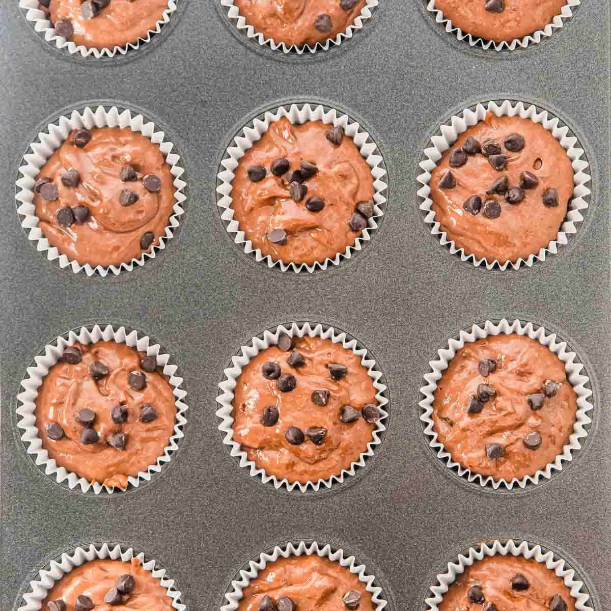 A muffin tin filled with paper liners, each containing chocolate cottage cheese muffin batter topped with chocolate chips, ready to be baked.