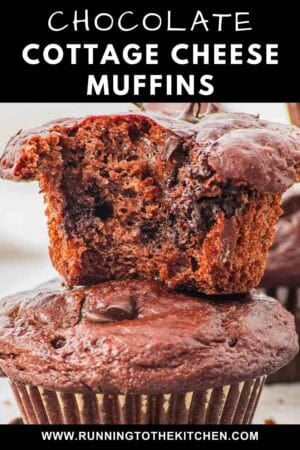 A close-up of two chocolate muffins, one whole and one with a bite taken out, revealing a moist, chocolatey interior. Text above reads "Chocolate Cottage Cheese Muffins.