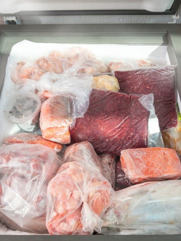 Various types of frozen meats and fish wrapped in plastic or stored in bags fill a chest freezer, with visible frost and ice on the sides and packaging.