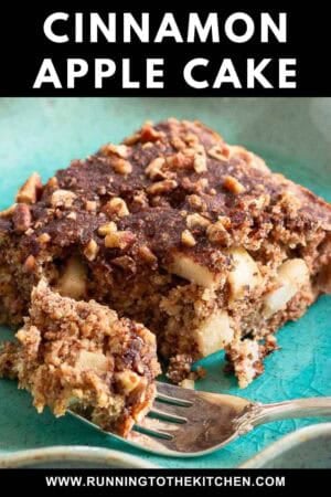 A close-up of a slice of cinnamon apple cake with a crumbly topping sits on a turquoise plate, with a fork beside it. Bold text above reads "Cinnamon Apple Cake" and a website URL is below.