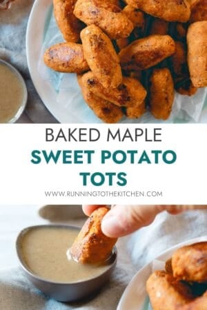A plate of baked sweet potato tots on parchment paper, served with a small bowl of dipping sauce. A hand dips one tot into the sauce. Text reads: “Baked Maple Sweet Potato Tots. www.runningtothekitchen.com.”.