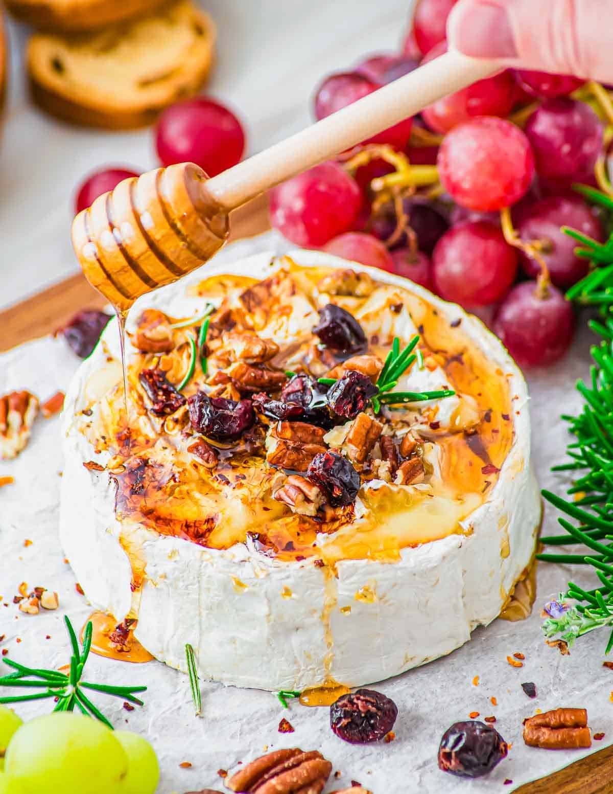 A wheel of baked brie topped with honey, chopped pecans, dried cranberries, and rosemary, being drizzled with more honey. Red grapes, green grapes, rosemary sprigs, and crackers surround the cheese on a parchment-lined board.