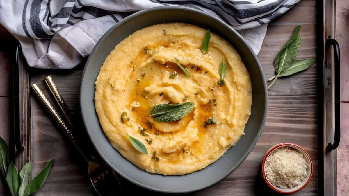 A bowl of creamy polenta topped with melted butter and fresh sage leaves, placed on a wooden tray with a striped napkin, gold utensils, and a small bowl of grated cheese on the side.