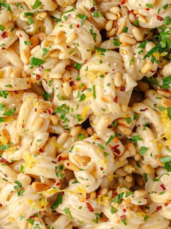 A bowl of creamy pasta topped with chopped parsley, red pepper flakes, pine nuts, and lemon zest, with a fork resting in the dish.