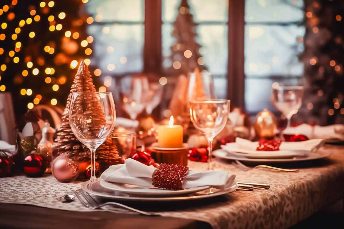 A festive holiday table set with plates, napkins, wine glasses, decorative ornaments, candles, and a small golden Christmas tree, with a glowing Christmas tree and lights blurred in the background.