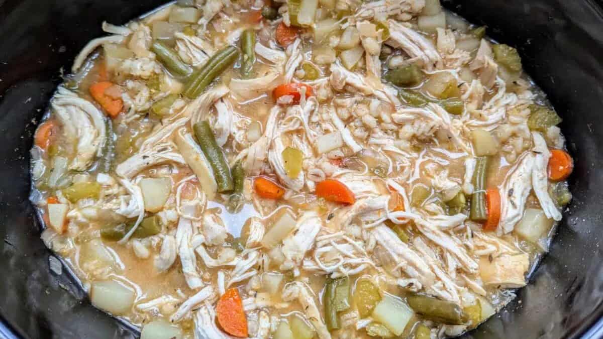 A close-up of a hearty chicken stew with shredded chicken, green beans, carrots, potatoes, and other vegetables in a thick, seasoned broth.