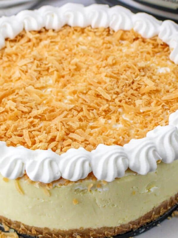 A cheesecake with a graham cracker crust, topped with whipped cream around the edge and toasted coconut flakes in the center, sits on a white plate—perfect for fans of coconut desserts or as a sweet Easter dessert.
