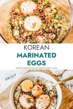 Overhead view of Korean marinated eggs in a bowl with chopped green onions, sesame seeds, and red pepper flakes, plus a serving of the eggs over rice in a white bowl with a spoon.