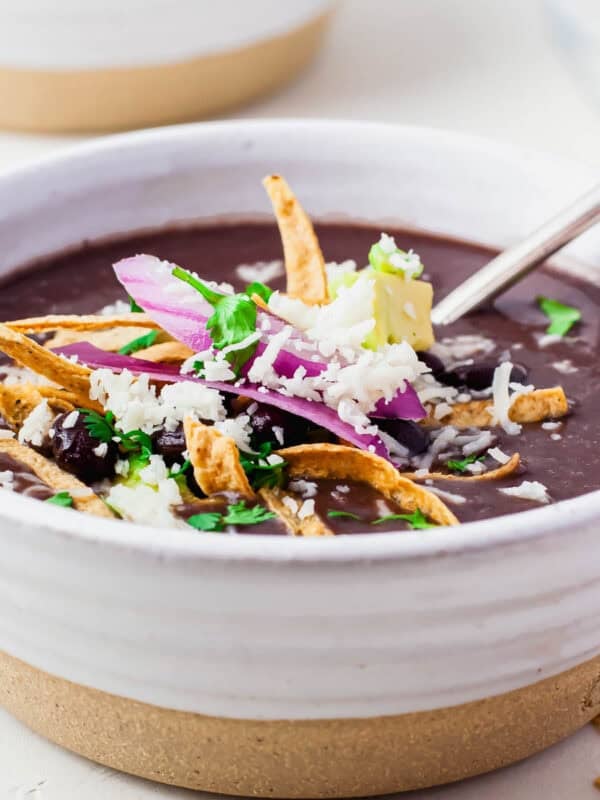 A bowl of black bean soup topped with shredded cheese, crispy tortilla strips, sliced red onion, avocado, and cilantro, with a spoon resting inside the bowl.