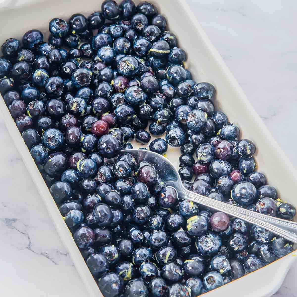 A rectangular white dish filled with fresh, dark blueberries, with a silver spoon resting inside. The dish is placed on a light marble surface.