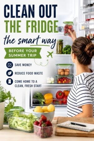 A woman stands in front of an open fridge, arranging fresh produce in clear containers. Text reads: "Clean out the fridge the smart way before your summer trip: Save money, reduce food waste, come home to a clean, fresh start.