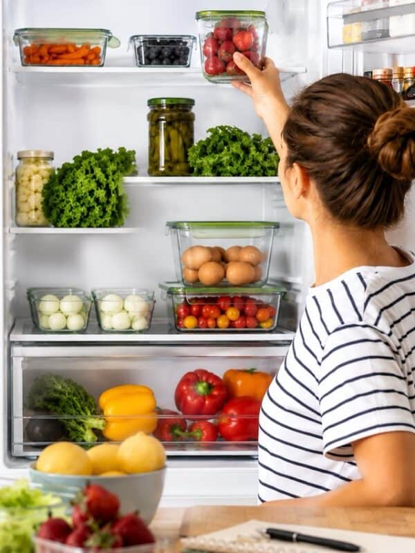 A woman in a striped shirt is reaching into an open refrigerator filled with fresh vegetables, eggs, jars, and bottles. The fridge shelves hold greens, berries, peppers, and organized food containers.