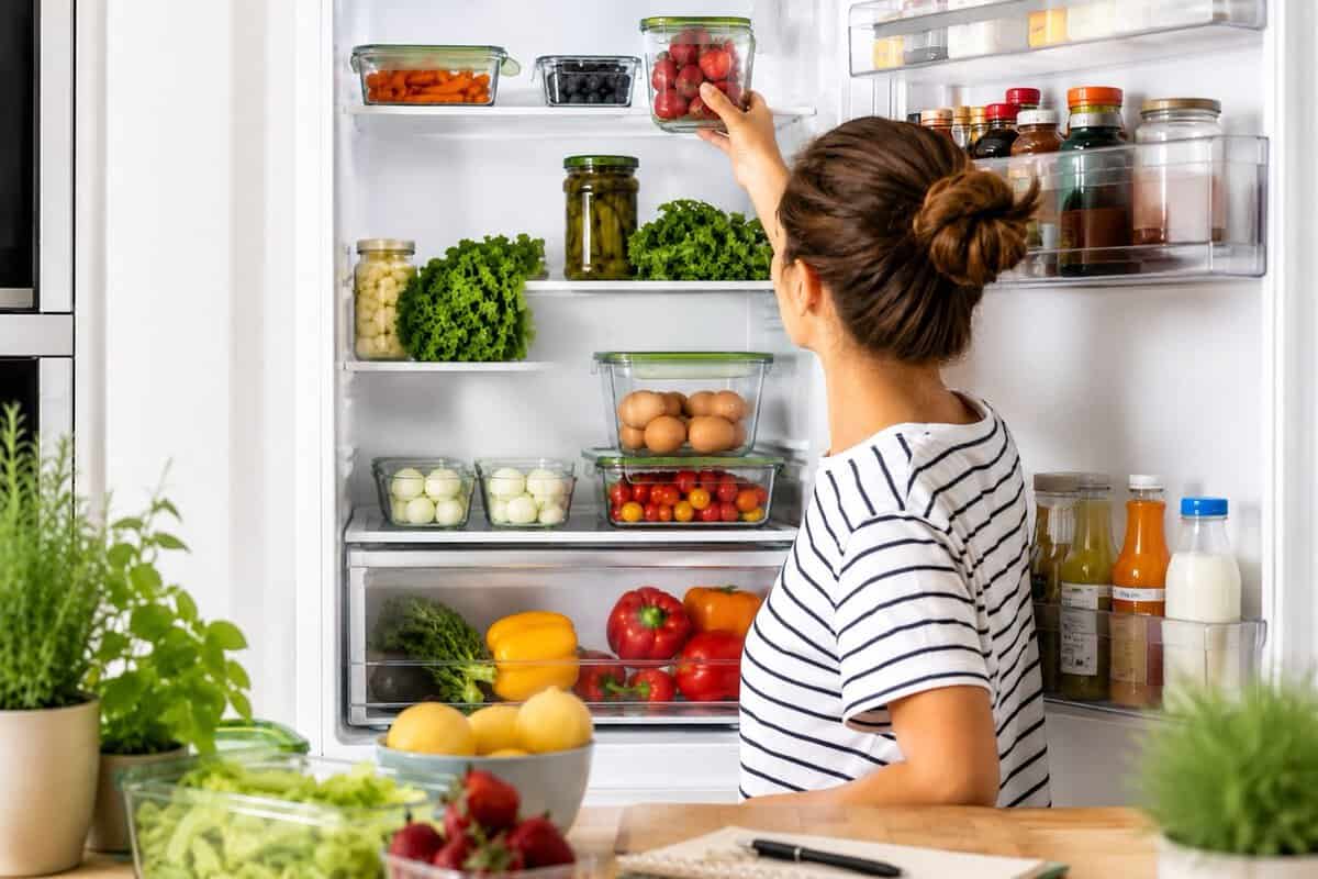 A woman in a striped shirt is reaching into an open refrigerator filled with fresh vegetables, eggs, jars, and bottles. The fridge shelves hold greens, berries, peppers, and organized food containers.