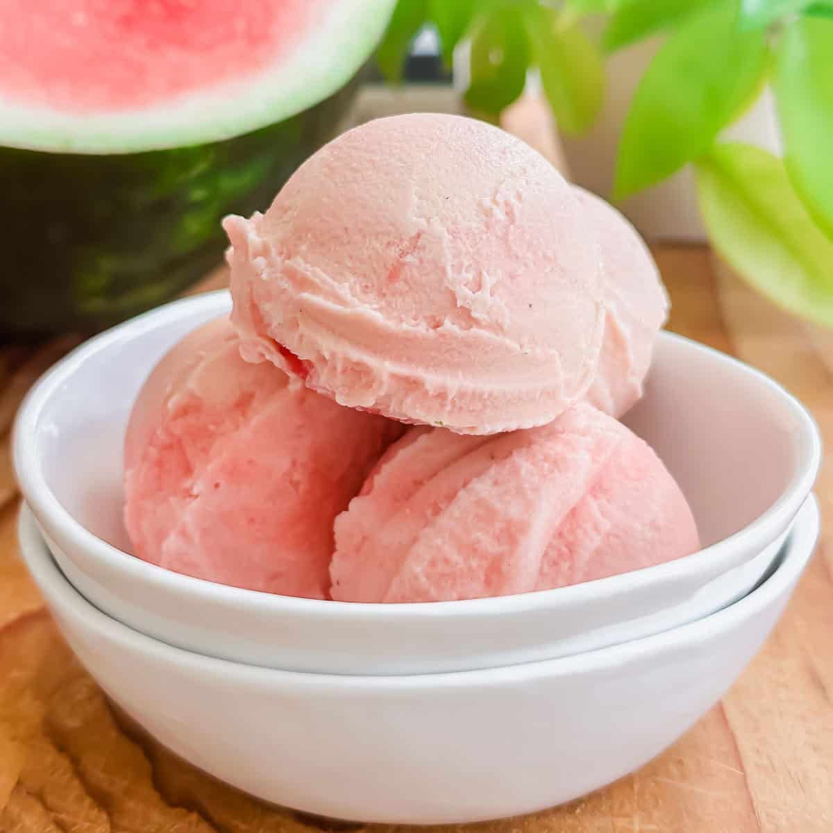Three scoops of creamy watermelon ice cream served in a white bowl, with a blurred watermelon slice and green leaves in the background.