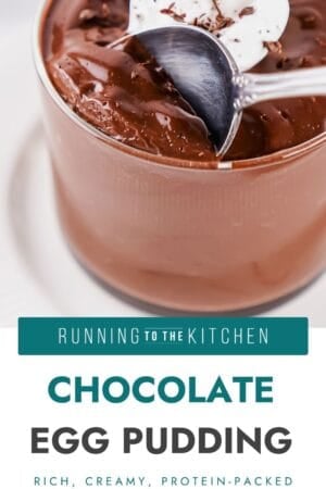 A spoon scoops creamy chocolate egg pudding topped with whipped cream and chocolate shavings in a glass cup. Text below reads: “Chocolate Egg Pudding. Rich, creamy, protein-packed.”.
