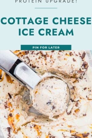 An ice cream scoop serving cottage cheese ice cream with chocolate flecks in a glass dish, topped with peanut butter, with text promoting protein-rich ice cream.
