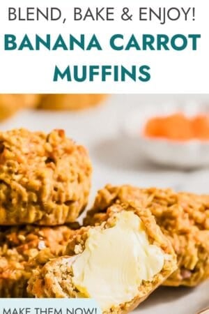 Text overlay reading “Running to the Kitchen: Blend, Bake & Enjoy! Banana Carrot Muffins” above a stack of muffins with butter, and a button that says “Make them now!”.