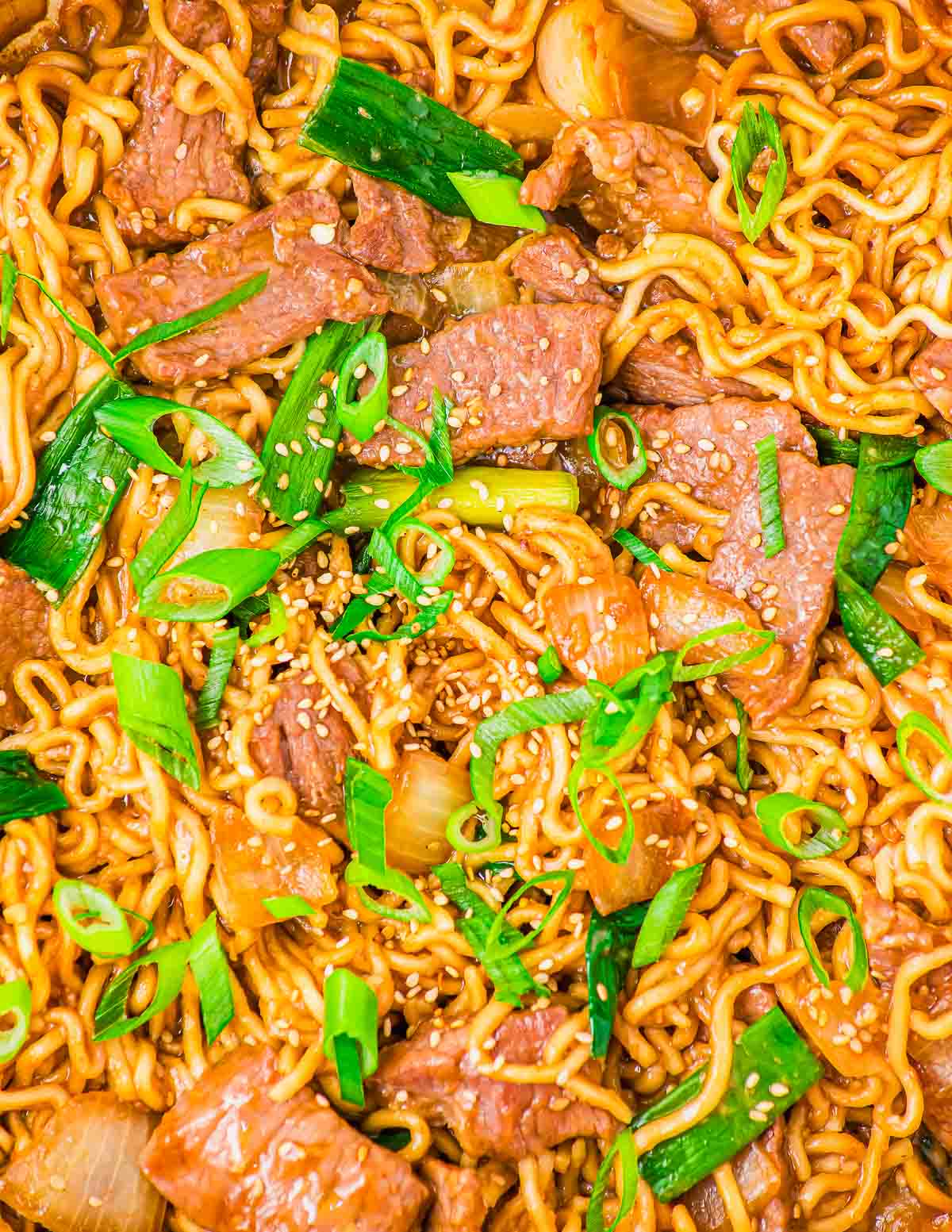 Mongolian beef noodles with sliced green onions and sesame seeds.